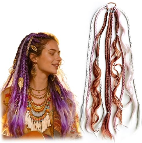 22-Tums Elastisk Dread Hästsvans Hårförlängning, Boho Dreadlock Extension med Handgjorda Pärlor, Snabb Monterad för Festival, Resa & Dagligt bruk(Pink)