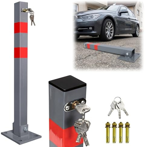 Jaxguom Parkpfosten klappbar 67 cm, Parkplatzsperre mit 3 Schlüsseln | 67 cm aufrecht, 7,5 cm flach klappbar: Stahl-Parkpfosten mit Reflexstreifen, 3 Schlüssel für Einfahrt/Stellplatz.