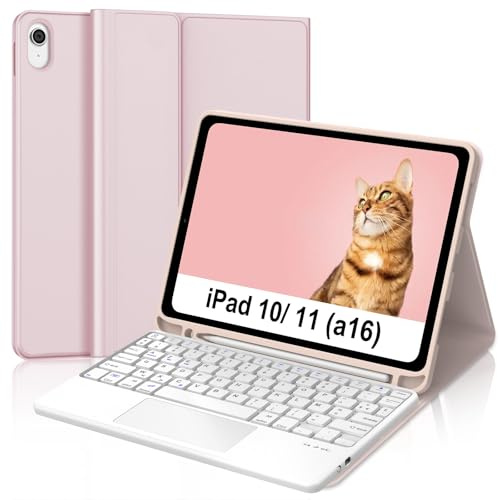 Hülle mit Tastatur für iPad A16 11/10 Generation (11/ 10.9, 2025/ 2022) | Magnetische Bluetooth Tastatur für iPad A16 11/ 10 Generation mit Touchpad und Stifthalter, QWERTZ, Rosa