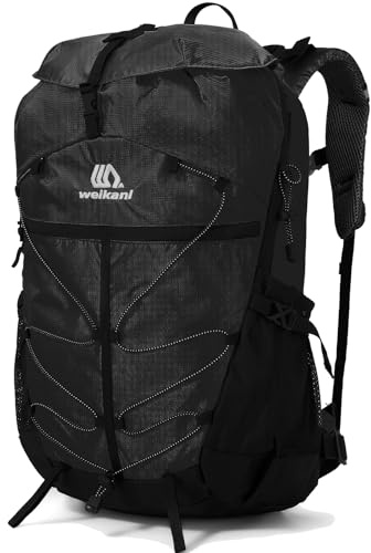 Outplea 35L Waterproof Hiking Backpack with Chest Strap for Men Women, Lightweight Breathable Travel Day Pack, Padded Large Openning Hiking Daypack with Hanging System for Camping Trekking, Black