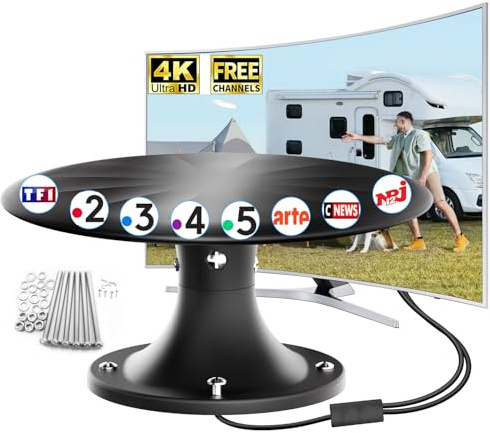 2026 Antenne TV Camping-Car Amplifiée – Réception Longue Portée 360°, TNT HD 4K DVB-T/T2, Antenne TV Extérieure pour Camping-Car et Caravane, Résistante aux Intempéries (Noir)