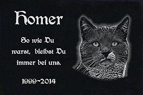 LaserArt24 Granit Grabstein - Grabplatte - Grabschmuck mit der Lasergravur des Motives Katze-ag13 (mit dem Musterbild oder Ihrem eigenen Foto - Siehe Auswahl) und Ihrem Foto/Text und Daten