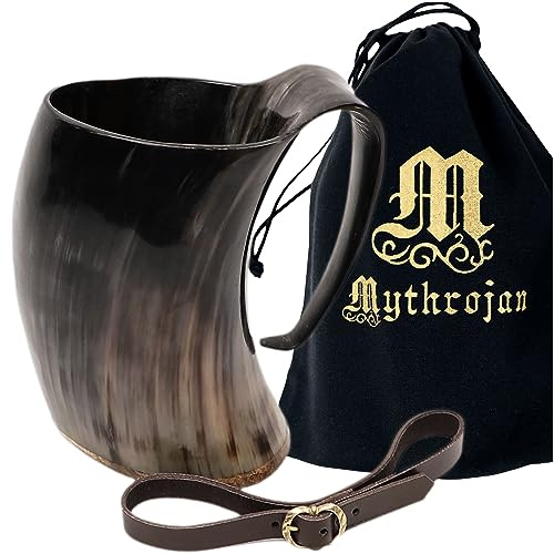 Mythrojan Viking Drinking Horn Mug Tankard Authentic Vintage Home Décor Gifts Medieval Inspired Wine Beer Drinking Horn with Leather Holder and Free Canvas Bag - Capacity appox 500 ML / 16.90 oz