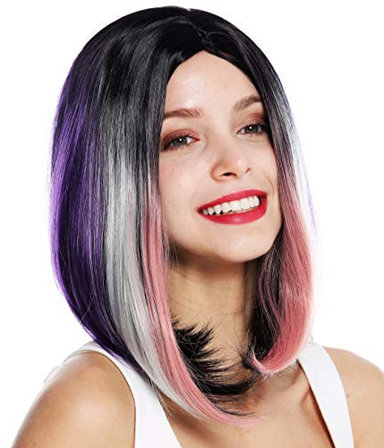 WIG ME UP- ZM-1769-Colorful peluca de mujer pelo corto liso Bob largo raya en medio ombré negro lila rosa rubio mechas multicolores