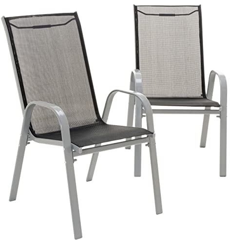 NEXOS 2er Set stapelbarer Gartenstuhl aus Textilene + Stahl – Farbe: Rahmen Grau/Bespannung Schwarz