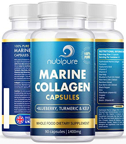 High Strength Marine Collagen 1400MG Tablets - with Turmeric & Kelp - Skin, Hair, Nails & Joints - with Hyaluronic Acid, Blueberry, Biotin, Vitamin C, E, B2, B7 Minerals - Hydrolysed Type 1 90 Capsule