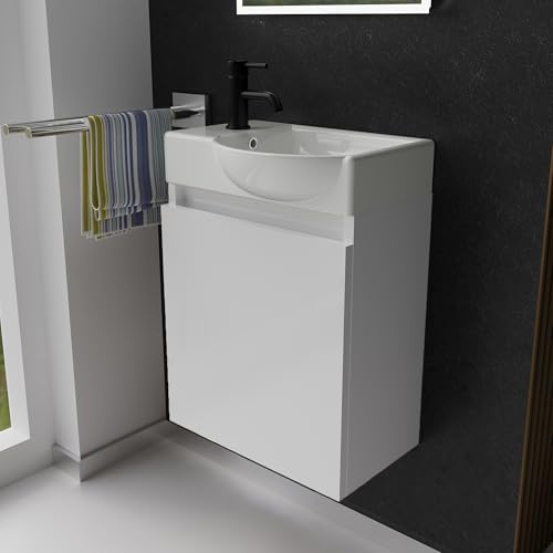 Alpenberger Waschbecken mit Unterschrank Gäste WC 45 cm hängend Weiß | Kleiner Waschtisch mit Unterschrank: Keramik & MDF, wandhängend, Softclose Tür, mit Überlauf, für kleine Bäder, Rechts Becken