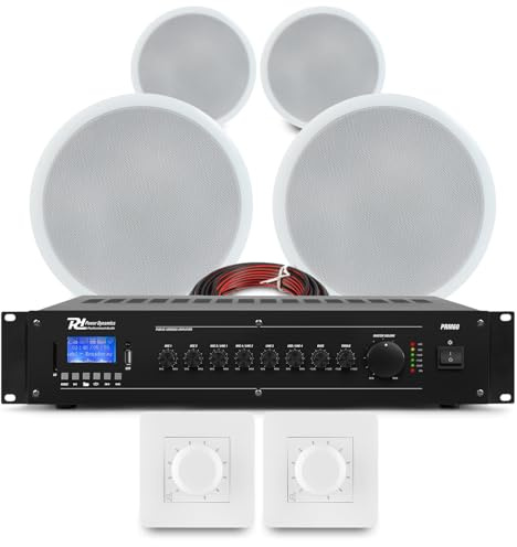 Power Dynamics Bluetooth 2-Zone Ceiling Speaker Kit - Multi Room Background Music System with Mixer Amplifier, Volume Control & 4x 8 Flush Mount Speakers - Restaurant, Bar, Office Installation