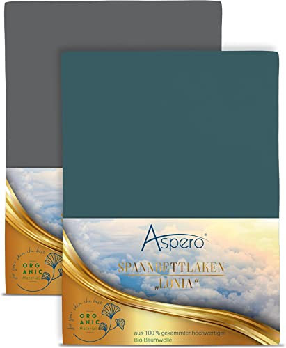 2 x Spannbettlaken Spannbetttücher aus 100% Bio-Baumwolle GOTS 35 cm Steghöhe Farbe Anthrazit/Petrol Größe 160 x 200 x 35 cm
