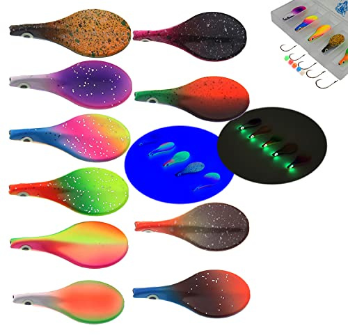 Njord Kalastus Inline Spoon, Trout in Box, UV Active and Self-Luminous 3D Eyes, Continuous Blinker, Trout Bait, Inline Spoon, Inline Pass Spoons, Trout Fishing Set Spoon (2.8 g, Set of 10)