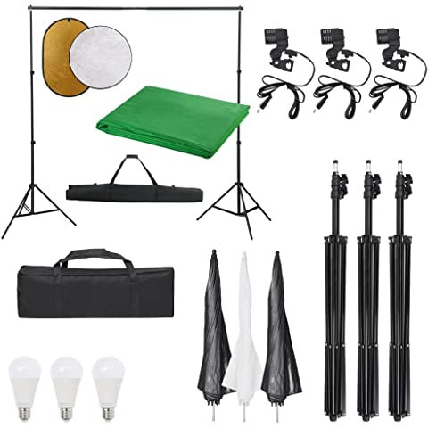 vidaXL Kit de Estudio Fotográfico con Set de Luces, Fondo y Reflector Soporte Pantalla Foto Video Sistema Lámparas Luz Iluminación Plegable