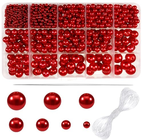 TOAOB 1400 Stück Perlen Rot Kunstperle Perlen zum Auffädeln Schmuck Runde | Pearls mit Loch Set für Jewelry Making 4mm 6mm 8mm 10mm für Dekorieren Kleidung für Halsketten Armbänder Schmuckherstellung
