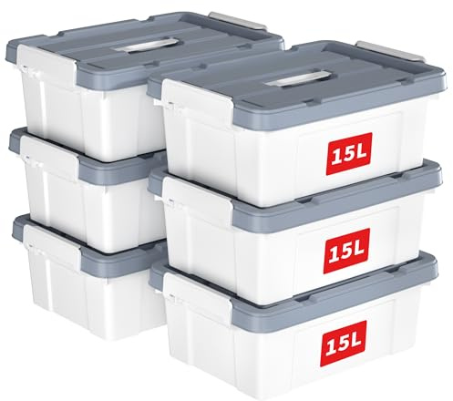 Cetomo 15L*6 Aufbewahrungsboxen, Tragbare Plastikboxen mit Deckeln, Organizer-Behälter mit Griff und Clips, Stapelbar, Ineinander Nestbar, für Zuhause und Büro, Weiß, 15L-6er Pack