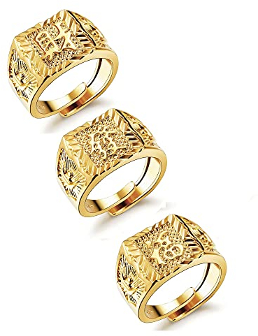 JeryWe 3/4pcs Edelstahl Ringe Set Herren Vergoldet Reich/Glück/Reichtum Band Siegelring Bandring Offener Daumen Fingerring Hochzeitsring (3 PCS)
