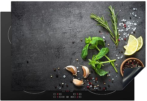 KitchenYeah© Herdabdeckplatte Einteilig Ceranfeld Abdeckplatte für | 77x51 cm - Induktionsschutz Ceranfeldabdeckung Vinyl Herdabdeckplatten Limette - Kräuter - Gewürze - Grün - Beton