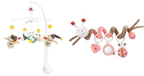 Fehn Musik Mobile Bruno - Baby Einschlafhilfe Musikspielzeug mit süßen Tieren & Activity Spirale Biene - Kinderwagen Spielzeug zum Fühlen und Greifen