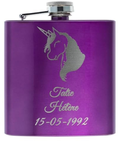 Petaca de acero violeta grabada personalizada - Petaca de whisky violeta con texto grabado - Petaca de acero violeta brillante de 180 ml