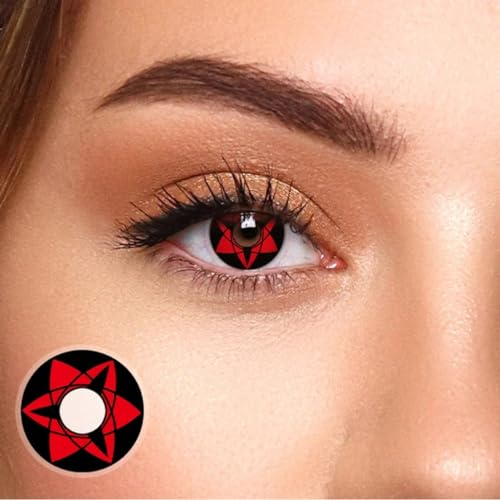 1 Paar Farbige Anime Sharingan Kontaktlinsen Madara in rot schwarz perfekt zu Manga Hereos of Cosplay, Halloween mit gratis Kontaktlinsenbehälter rote 1 Monatslinsen ohne Stärke (Syaringan)