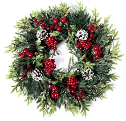 Herfair Türkranz Weihnachten, Weihnachtskranz mit Tannenzapfen und Beeren, Künstlicher Dekokranz Adventskranz, Weihnachtsdeko Kranz für Wand Haus Fenster (A-40 cm)