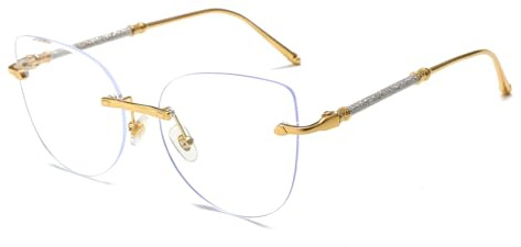 LJCZKA Randlos Brille Blaulichtfilter Damen Katzenauge, Rahmenlose Blaufilter Brille Damen Ohne Sehstärke Augenbelastung Entspiegelte