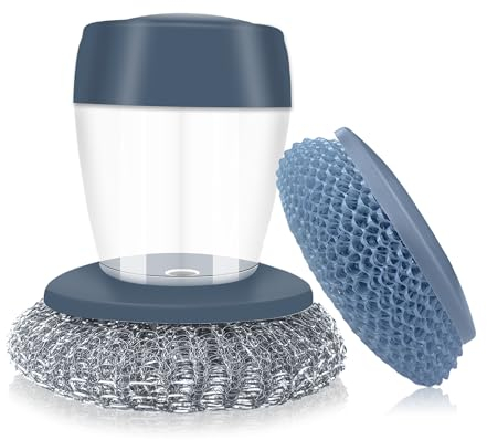 Abwaschbürste mit Integriertem Spülmittelspender, Handspülbürste, Reinigungsbürste, Mit Einer Drahtkugel und Einem Pompon, für Topf, Pfanne, Spülen Reinigung(Grau)