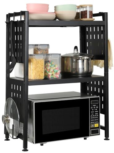 loyalKBS Expandable Microwave Stand Countertop, 3 Tier Heavy Duty Over Microwave Shelf Countertop with 4 Hooks, Height Adjustable Metal Microwave Oven Rack Shelf for Kitchen Tabletop,Holds 160lb,Black