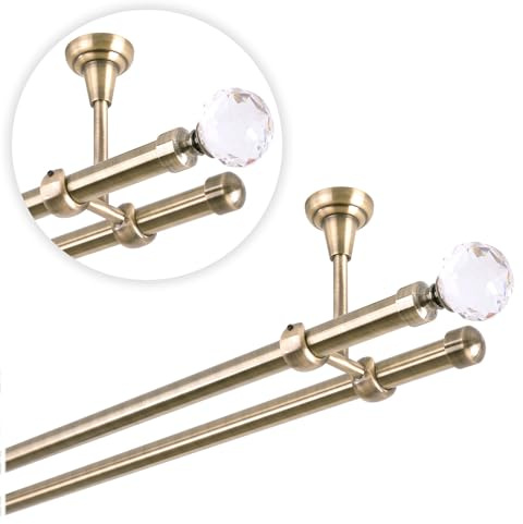Tringle à rideau 320 cm 2 voies, Or Vieilli, 19 mm, avec boule de cristal, pour montage plafond