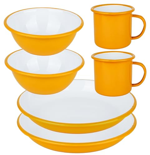 Lost & Found Cornwall 6 Piece Premium Enamelware Dining Set | 2* Bowls Deep Dish Plates Mugs | for Outdoor Camping Hiking Vanlife (Campfire Yellow)