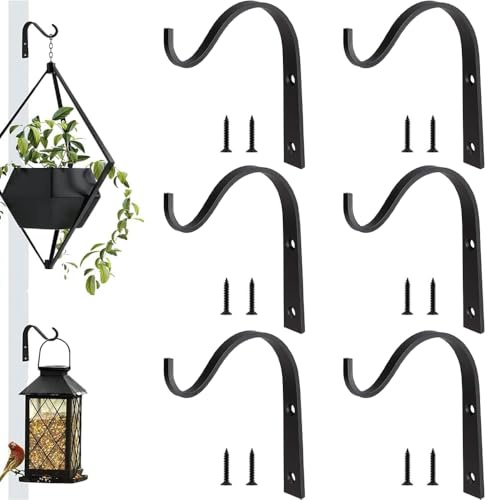 WZHHDM Curved Up Plant Hook, 6 Pcs Iron Wall Hanging Hooks, Metal Hanging Bracket Great for Hanging Wall Basins Lanterns Wind Chimes Flower Baskets Bird Feeders(Black)