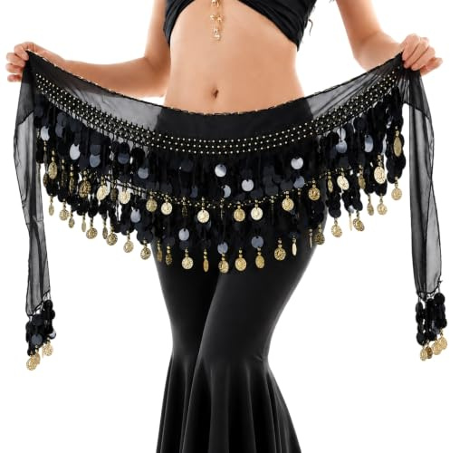 Baisdan Women's Belly Dance Hip Scarf, Belly Dancing Skirt Wrap with Bling Sequins Coins Belly Dance Costume Black