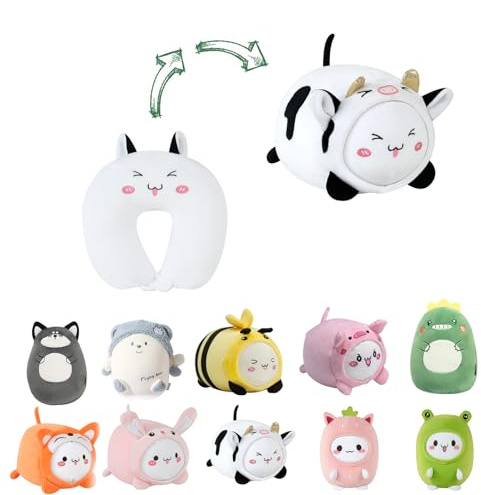 JOYRAVO Coussin de voyage 2 en 1 pour enfant, coussin de nuque malléable et doux en forme de U et adorable peluche, compagnon de sommeil et de jeu confortable pour l’avion et les voyages, vache QQ