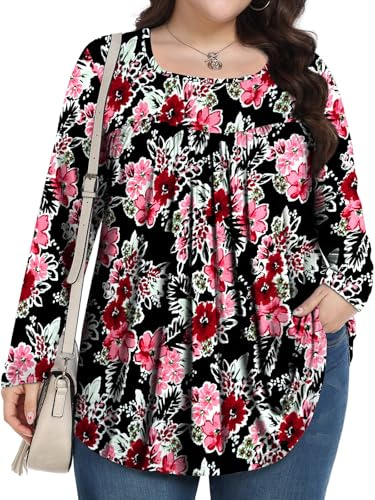 PEVRL Womens Plus Size Tops Tunic Long Sleeve Shirts Casual Loose Fit Blouses with Leggings 1X-5X, Black and White Begonia Flower, 5X-Large