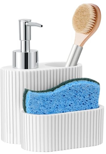 Shinowa Seifenspender mit Schwammhalter 3 in 1 | Marmor Look flüssige Hand und Dish Seifenspender und Schwamm Caddy mit Bürstenhalter, Countertop Veranstalter für Küche