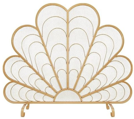 Grille pare-étincelles pour fournaise Pare-feu de cheminée autoportant en fer avec motif de paon sculpté, séparateur d'art creux décoratif et protection de poêle Pare-étincelles autoportant(Gold)