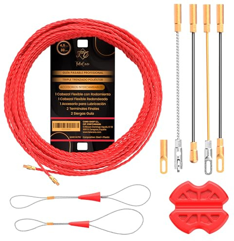 Guía Pasacables Profesional de 4,5 mm Poliester trenzado TALACANO | Enhebrador de Alambre para Electricista | Pasacables para Pared y Cableado Eléctrico | extremos intercambiables (30 Metros)