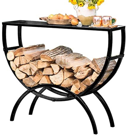 Étagère de rangement pour bois de chauffage en fer robuste pour intérieur et extérieur - Noir - Avec étagère de rangement multifonction en bois