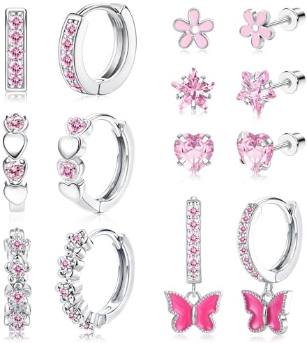 Diamday 7 Paar Hypoallergene Ohrringe für Mädchen Damen Chirurgenstahl Creolen Ohrringe Set Ohrstecker Kinder Ohrringe Mädchen Huggie Herz CZ Stern Blume Tragus Knorpel Piercing Rosa Mehrfarbig