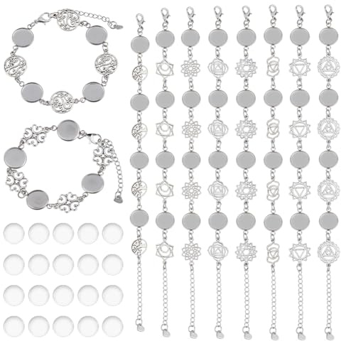 DICOSMETIC 10 Setzt Armband Lünette Einstellungen 12mm Edelstahl Tablett Armband Rohlinge Schmuck Basis Cabochon Tablett Mit Legierung Blumenkette Für Die Schmuckherstellung