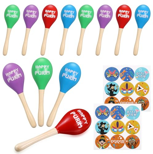 Lenwen 12 Pcs Happy Purim Wood Gragger Maracas Shakers with Stickers Colorful Noisemakers for Fun Jewish Holiday Party Favors Goodie Bag Fillers Festival Party Favors