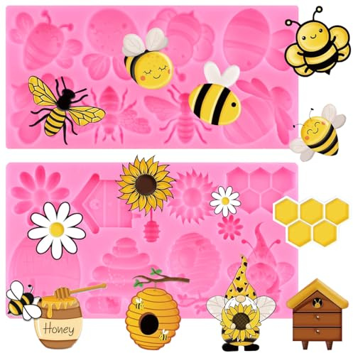 RFGHAC Bees Fondant Moulds 3D Silicone Moulds Sunflowers Honey Honeycomb Bumblebee Cupcake Cookie Baking Decorating Moulds for Cake Decorating Chocolate Gum Paste Candy Polymer Clay Set of 2