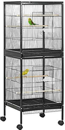 PawHut Gabbia per Uccelli 2 in 1 Voliera per Interni con 4 Ruote Girevoli, Vassoi Estraibili e Contenitori in Plastica, 51.5x50x140 cm, Nero