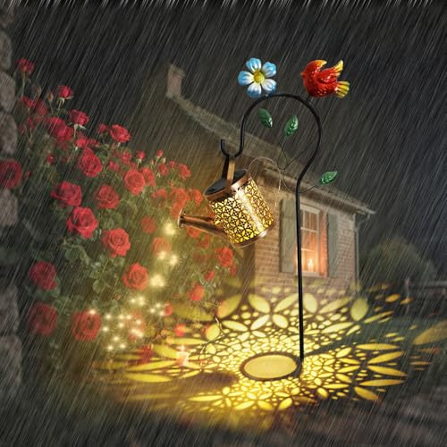 Fyeme Solar Giesskanne für Außen mit Wasserfall LED Lichter Solarlampen für Außen Garten mit Ständer Blumen Vogelmusterdesign Gartendeko für Draußen Wetterfest für Garten Hof Rasen