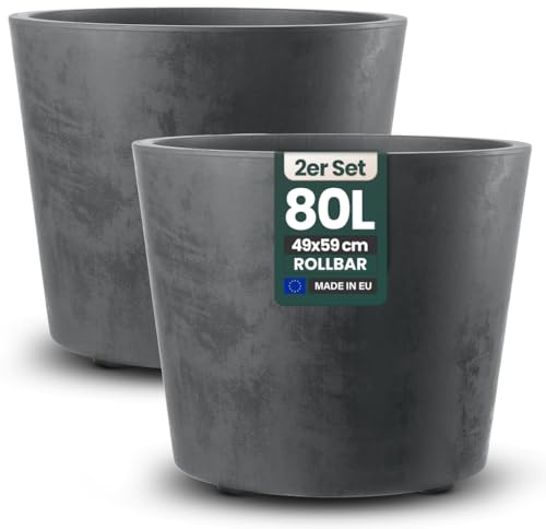 Kreher 2 x XL Pflanzkübel 'Millennium' in verschiedenen Formaten/Farben. Tolle Naturstein Optik in Anthrazit, Grau, Creme Weiß oder Braun! Aus robustem Kunststoff. (Anthrazit, 2 x 80 Liter Rund)