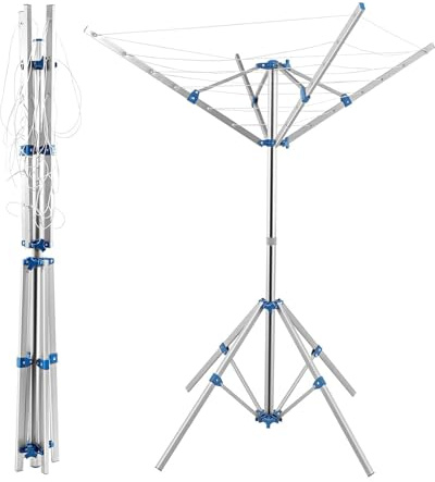 Cloth Rotary Airer 4 Arms 15M Portable Folding Washing Line Airer Dryer with 4 Stable Legs Camping Clothes Dryer with Free Metal Ground Spike for Outdoor Garden