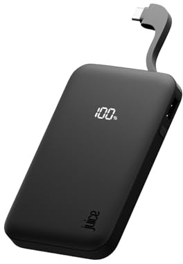 Juice Eco Integrated Power Bank, Portable Charger 5,000 mAh with Built-in Cable & Digital Display, USB-C Output, Power Bank for iPhone 15 16 17 Pro Max, Samsung, Xiaomi, Android, iPad, DJI - Black