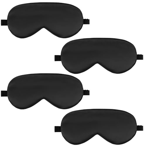 Lot de 4 masques de sommeil en soie de mûrier avec sangle réglable, bandeau occultant en satin pour homme et femme, réduisant les gonflements lors des voyages (noir)