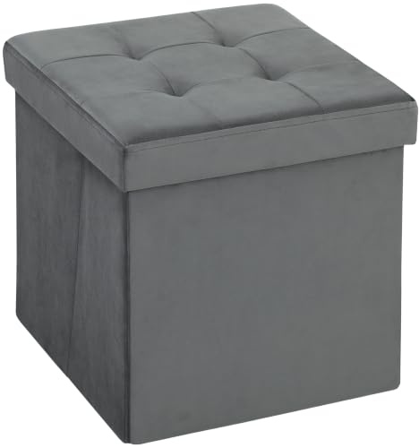 HOMCOM Sitzhocker mit Stauraum Klappbar mit Deckel 38 x 38 x 38 cm Grau | Fußhocker, Sitzwürfel, Polsterhocker mit Samtoptik
