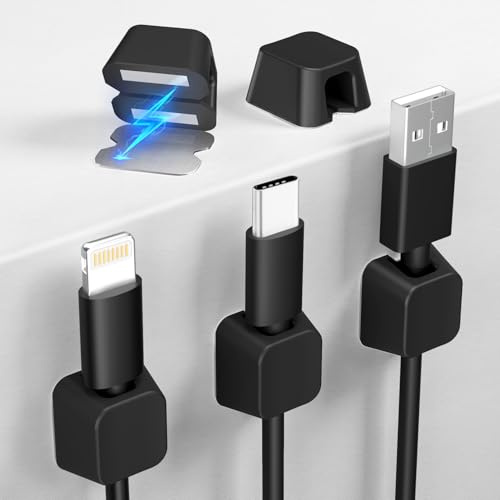 Viaky Magnetic Cable Clips 5 Pack, Silicone Magnet Cable Management Holder, Wire Organiser with Strong Self Adhesive Metal Plate for Charger USB Cord Desk Tidy, Car, Office, Home - Black (8mm)