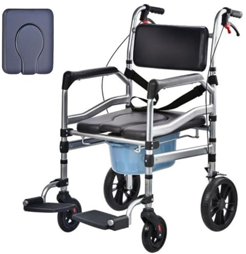 Silla WC Personas Mayores con Cubo, Silla de Baño Altura Ajustable 100-120 cm, Silla Ducha Minusvalidos Plegable, Asiento Ergonómico, Sistema de frenado, Altura Ajustable