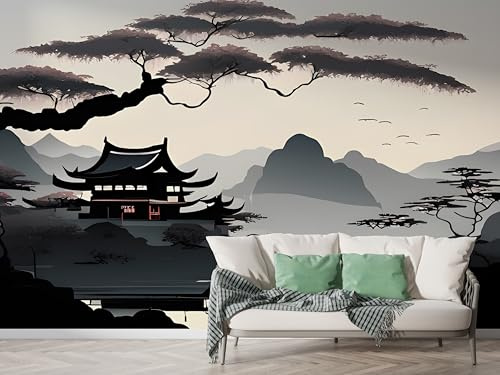 Boceoey Papier Peint Panoramique Japonais Fleurs de Cerisier 3D - Motif Japon Montagne Aquarelle - Décoration Murale pour Salon & Chambre, Intissé Autocollant Papier Mural, 100x70 cm M-653